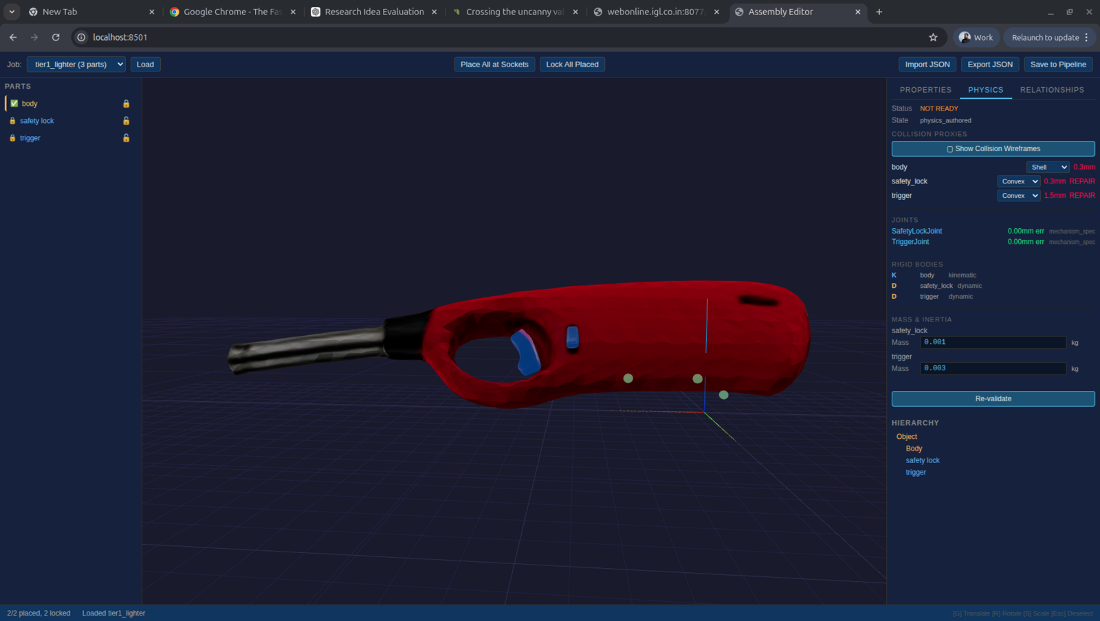 Lighter neural object in the assembly editor with body, trigger, and safety lock parts color-coded