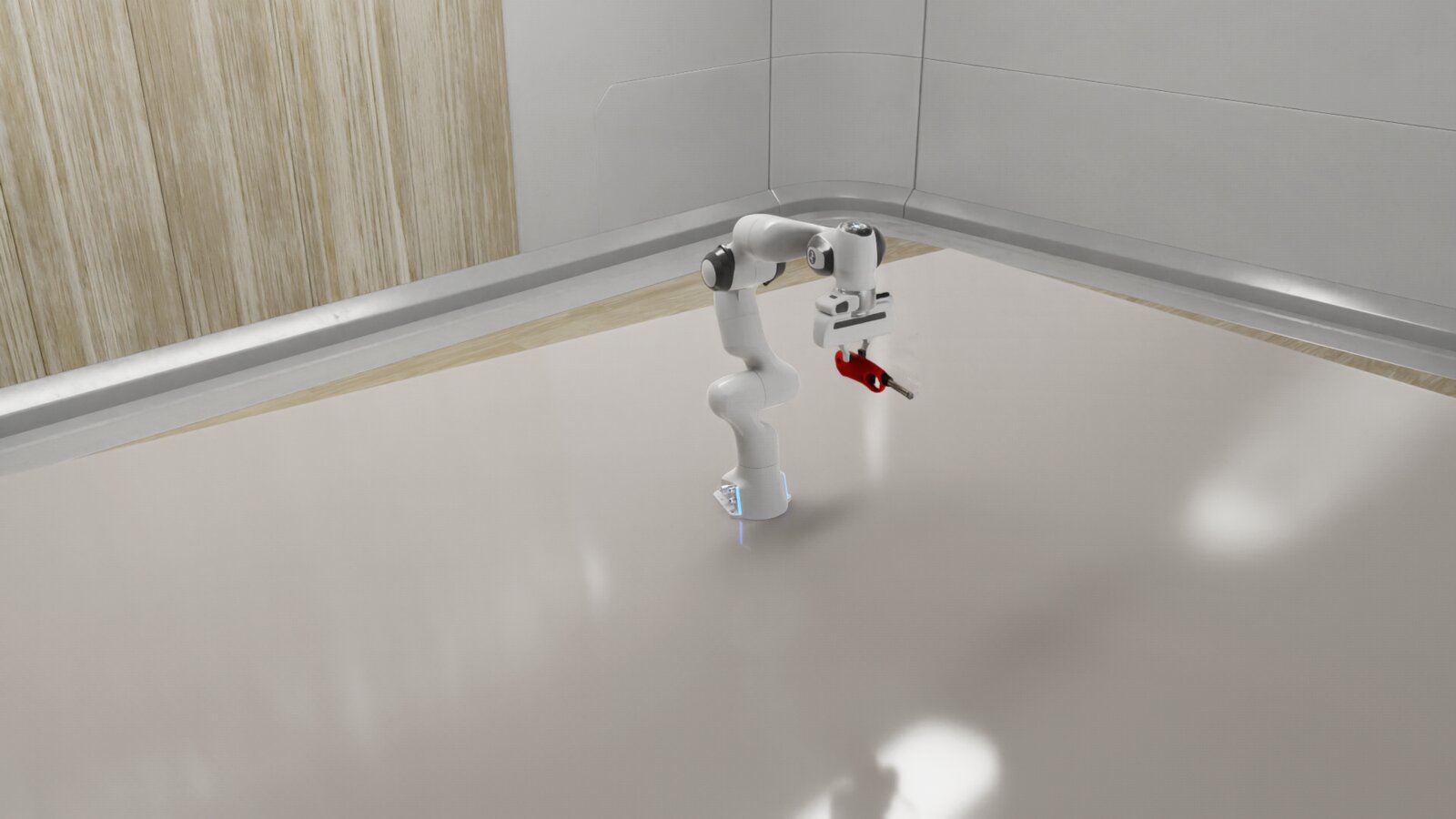 Franka robot arm holding the lighter in the Isaac Sim environment